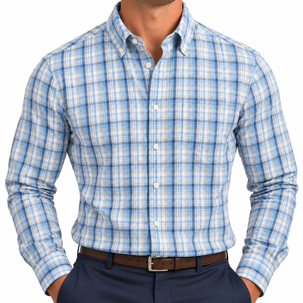 Peter Millar Silk Cotton Shirt Mens Size XL Long Sleeve Button Blue Plaid Check